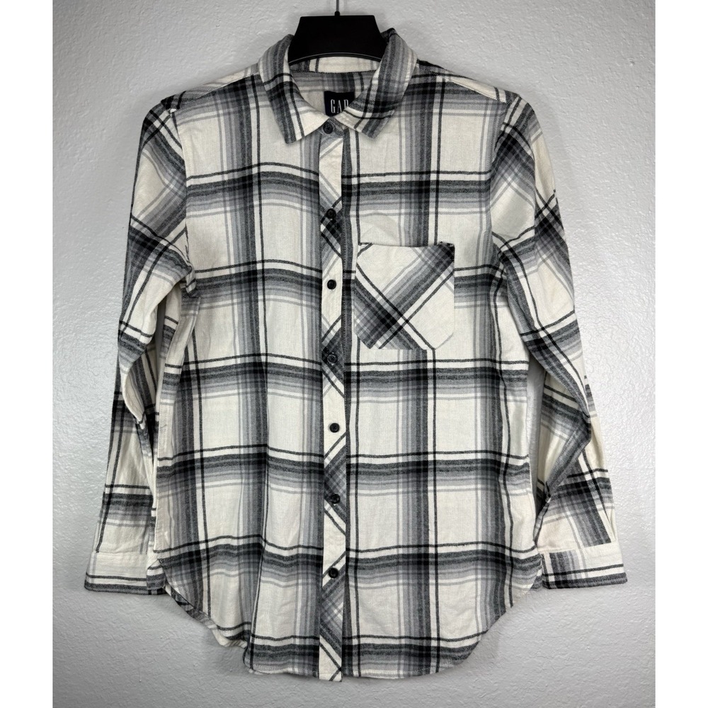 Gap Womens XS White Gray Plaid Flannel Cotton Long Sleeve Button-Up Shirt